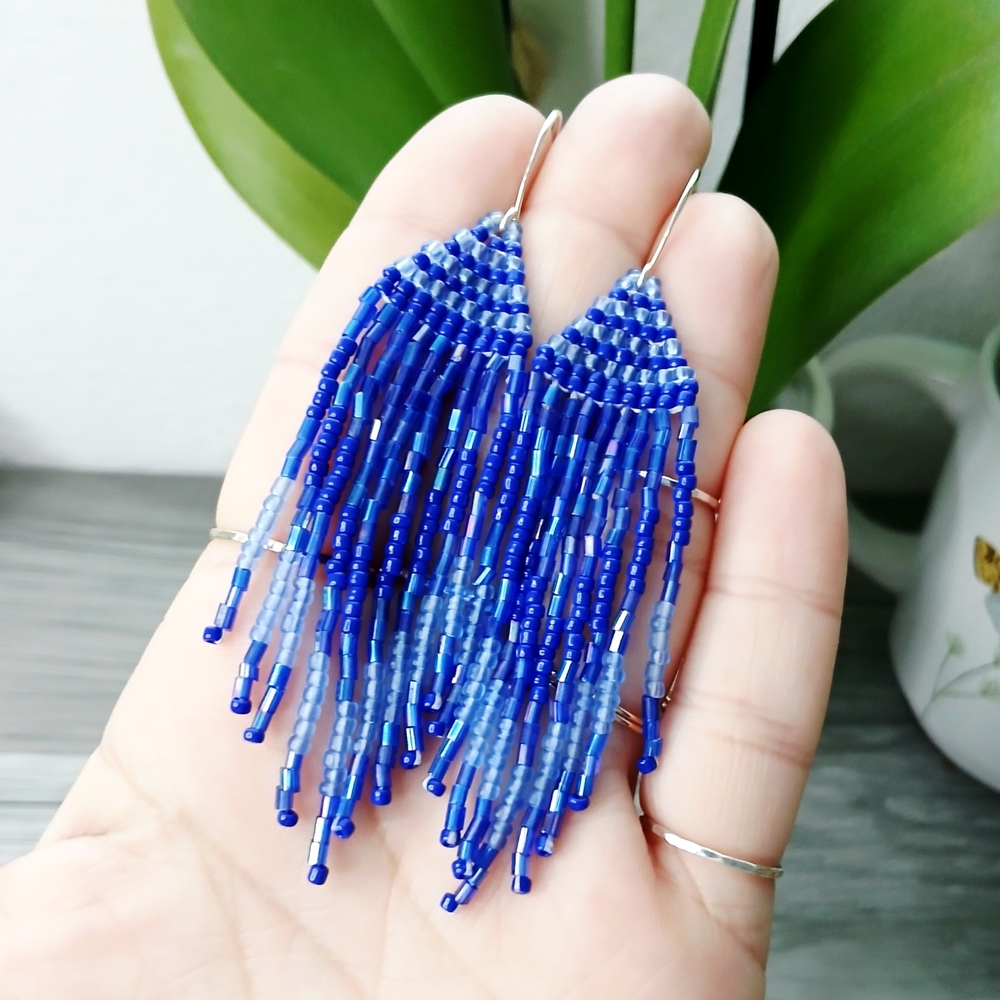 BOGO EARRINGS Artisan Blue and White Beaded Fringe Cascade Dangle Earrings, 4"
